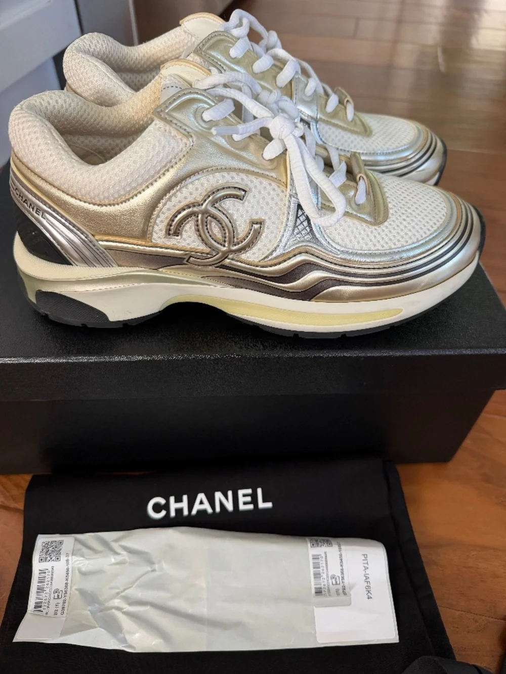 CHANEL Fabric Laminated Calfskin Stretch CC Sneakers size 37 in White,Gold,Silv